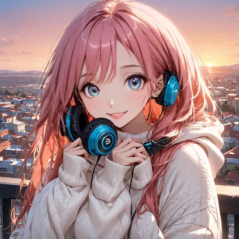 A woman with headphones and a hooded sweater. Super beautiful, pink lips, big eyes, eyes of various colors, long eyelashes, smile. Nice smile, beautiful face. Short stature, looking happy. pink hair, long hair. hands inside the sweater. white sweater Urban...