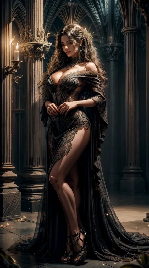 A sexy mistress with seductive eyes and pouty lips, wearing a revealing black lace gown and high heels, gracefully poses in a dimly lit cathedral. Her long, wavy hair cascades down her back, framing her alluring face. The detailed folds of her gown create ...