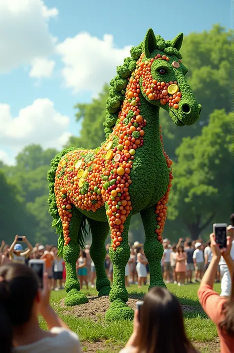 I want a picture of a horse made of vegetables. I must have people standing around, taking pictures of it.