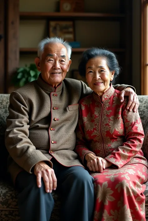 A 70 year old grandfather,wearing Chinese clothes, and 70 year old grandma also wears kebaya,and short curly hair, Papuan tribe,living room begraun, sitting pose on the sofa, the photo looks real. 