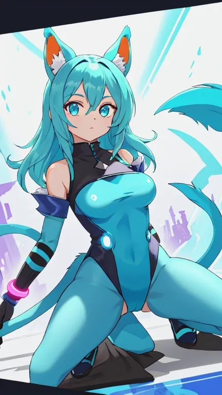 Girl with animal ears and tail, with blue fur and cyan scales, Eyes red, ​masterpiece, fully body, medium breasts, use futuristic things, warrior of the future, female magician, powerful, Linda, seamless, use orange