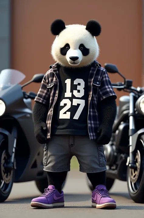 Create a panda bear dressed in Bermuda shorts and a black flannel shirt, behind him two motorcycles, one black and one grey, and on the panda&#39;s chest the numbers 11 13 27, the panda is wearing purple Nike shoes.