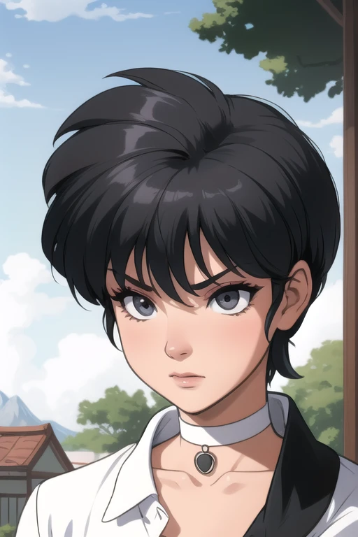 Ranma-chan. very short hair. choker. Grey eyes. black hair. All white tight shirt. Mad, a photo of a face in the vicinity. 
