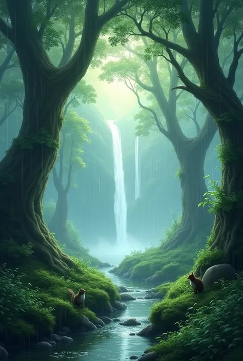 A lush, green forest blanketed by soft mist, with rain gently falling through the towering trees. The raindrops glisten on leaves and mossy branches, while tiny streams form along the forest floor. In the distance, a serene waterfall can be seen, its sound...