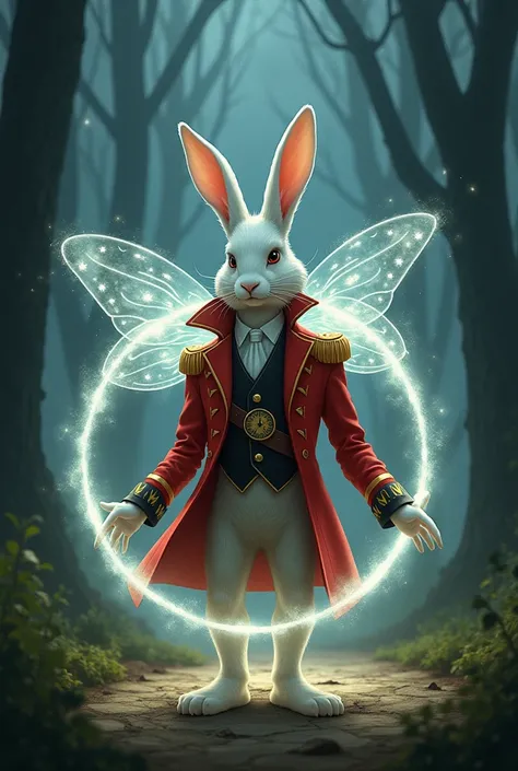 We are going to create illustration style images of the White Rabbit character from Alice in Wonderland.. The fairy has to appear, creating a magic circle around the rabbit. .THE ENTIRE BACKGROUND SHOULD LOOK DARK , foggy, Dark. LET THE RABBIT HAVE THE SUI...