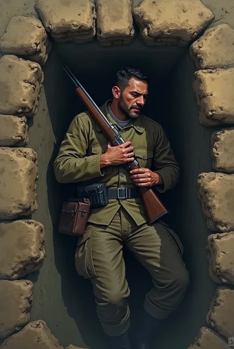 Make a soldier, lying in the middle of the trench, traumatized man hugging his gun in 2d, from top to bottom 
