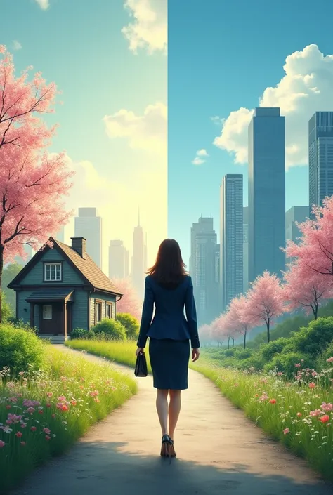 With two divided images、The left half shows a spring countryside scene and an old house.、The right half depicts the back of a long-haired office lady walking briskly through a modern cityscape.。The background of the old house is a spring landscape with sof...