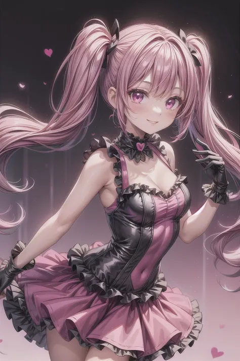 idol girl, magenta frill one-piece dress, magenta skirt, black long gloves, medium breasts, magenta twin tail hair, smile