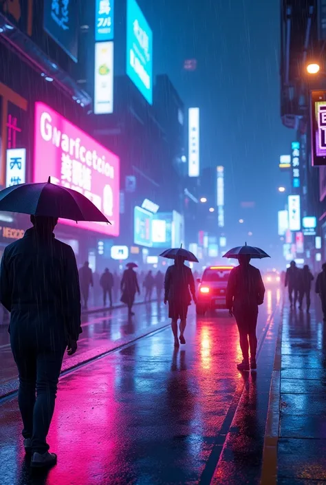 A futuristic city street illuminated by vibrant neon signs in shades of electric blue, pink, and purple. Rain pours down, creating reflections of the glowing lights in the slick, wet pavement. Umbrella-clad pedestrians walk past, their shadows elongated by...