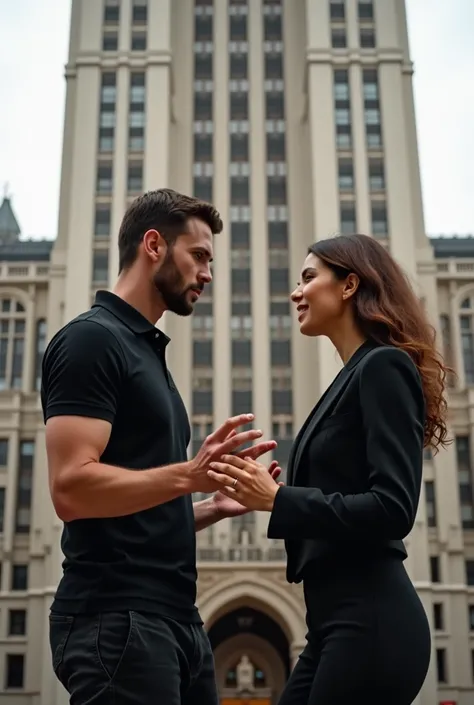 I want to see a couple talking and gesturing, the man is wearing a black Polo shirt and the woman is wearing formal clothes, in front of a tall building