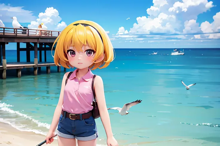 (summer pier), blue sea, deep blue sky, white cloud, (satoko hojo), woman, alone, yellow hair, blonde, purple eyes, short hair, ...