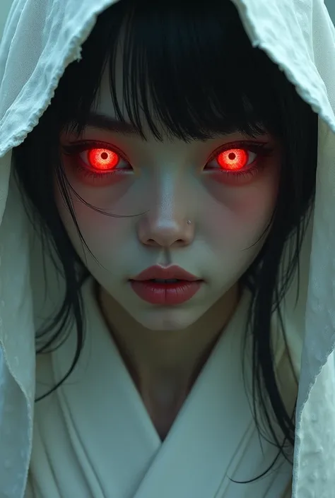 Close up Japanese shrine maiden with red glowing eyes
