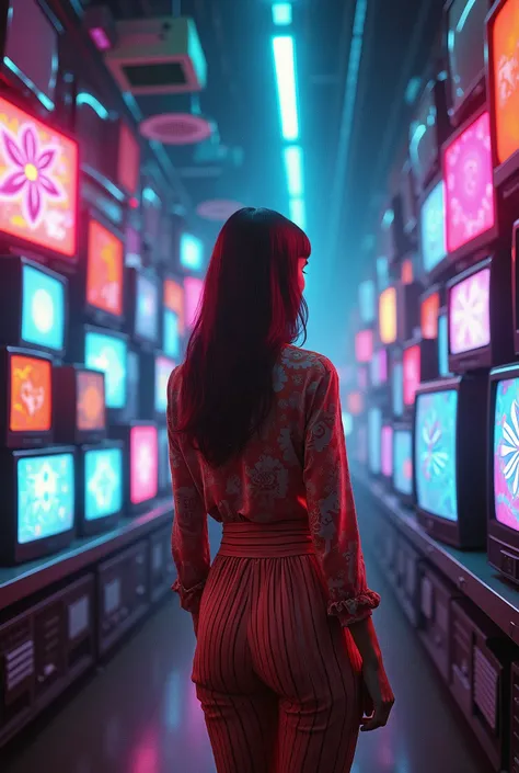 1970s Saleswoman Mesmerized by Multitude of TVs. Color Acide Pop.