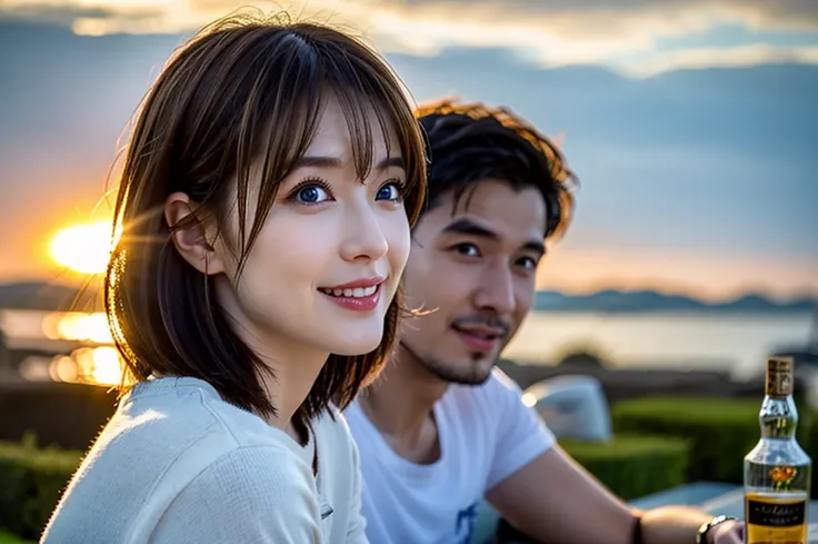 (Realistic, 超Realistic:1.4), 16k hdr, High resolution,Brown short hair,The best smile、Japanese actress,Super Beauty(Like the real thing),Short sleeve dress,Whiskey bottles、The Macallan、Johnnie Walker、、Old Parr、whiskey、Suntory、Nikka、Slim Couple、Model Couple...