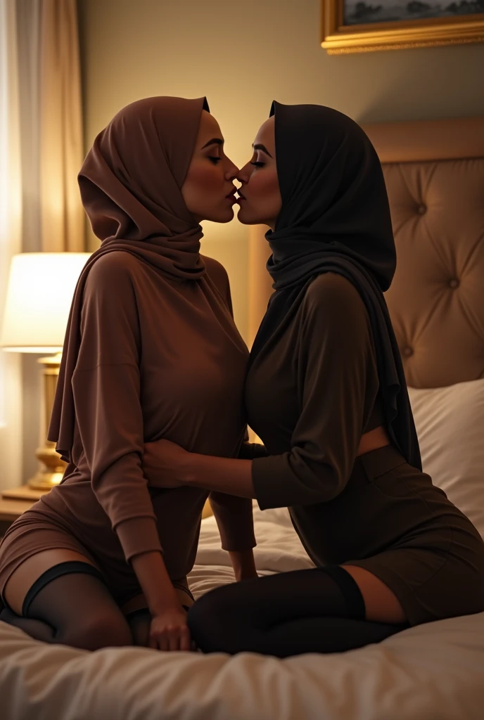 2 hijab girls sexy kissing lesbian age between 24-30 wearing sexy stockings realistic in hot bedroom they both naked