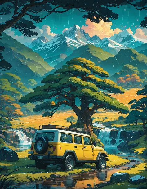 aerial view, a yellow camper jeep, under a giant tree, heavy rain, sunset tike, orangish teal sky, cloudy, water stream, stones, forest, snow cladded mountains backdrop, long grass, lofi, vibrant tones, no one, moody weather, like a movie scene, ghibli sty...