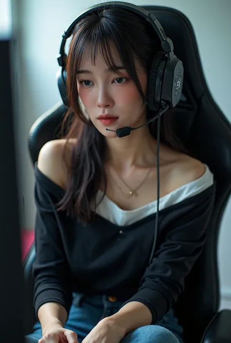 (8k, RAW photo:1.2), (japanese woman:1.5), 30 y.o, detailed face and eyes, high quality, high resolution, very detailed, in the room, wearing gaming headset, off shoulder dark long sleeve casual t-shirt with white collared shirt on the inside, crossed legs...