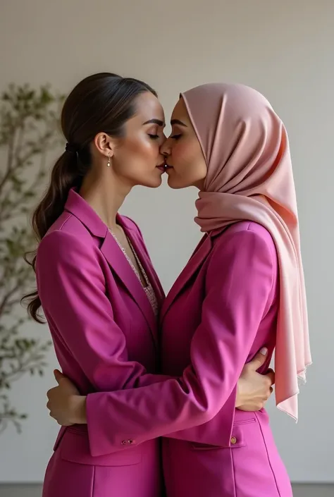 2 woman with a pink suit and hijab kiss lips