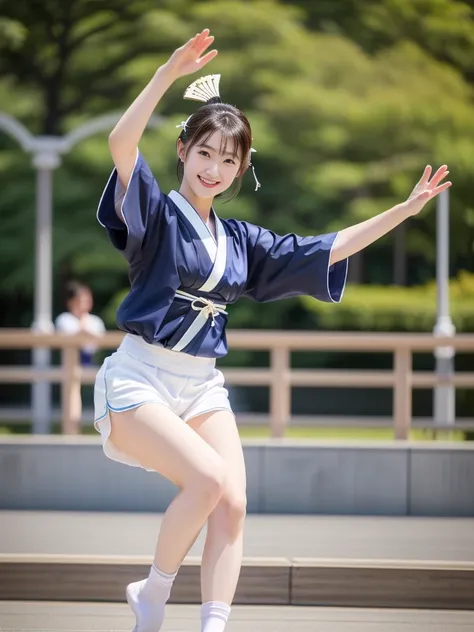 Photo-realistic quality、A 20-year-old Japanese woman wearing a blue and white traditional Japanese kimono dancing the Awa Odori dance in the park, White shorts and socks, Have a fan,  They are performing the expressive Awa Odori dance.、Detailed and beautif...