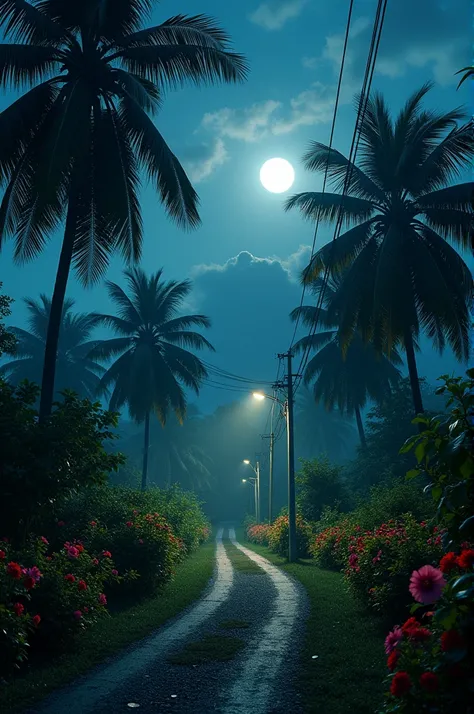 A beautiful midnight rural scenery of Malay Asian village. Theres a lot of coconut tree and banana tree, small pathway/road,hibiscus bushes,electric pole,, Shot with Nikon camera, Nikon Lens, Blockbuster tone, American war film, --chaos 10 --ar 4:5 --style...