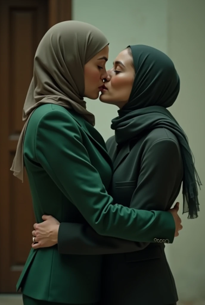 2 women with a green 
suit and hijab kiss lips