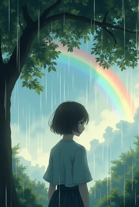 Backside of a girl with short hair,in the  rain,under a green tree and a rainbow in the sky