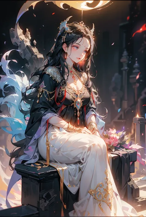 High Resolution Create an image of a mature demonic goddess who embodies both power and motherhood. She has deep crimson skin with subtle glowing markings across her body, symbolizing ancient protection spells. Her long, wavy black hair flows majestically,...