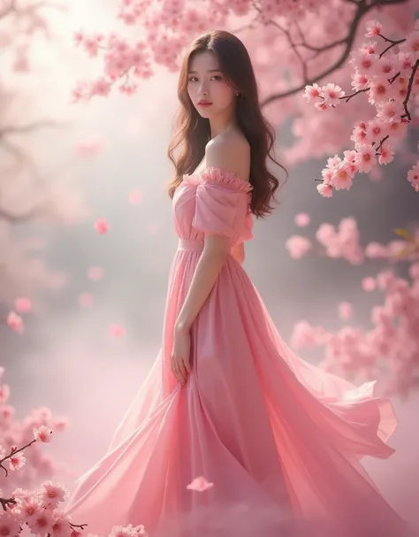 ((extremely perfect detailed:1.9)), ((ultra detailed realistic:1.9)), Masterpiece, HD, 16K, a beauty, busty, realistic waist. ((Ultra perfect detailed are 16 years tender female face:1.9)), in pink dress, silk, floating dress, sakura flowers all around, (c...