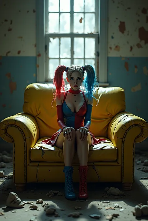 Harley Quinn sitting on a ripped dirty abandoned yellow leather couch