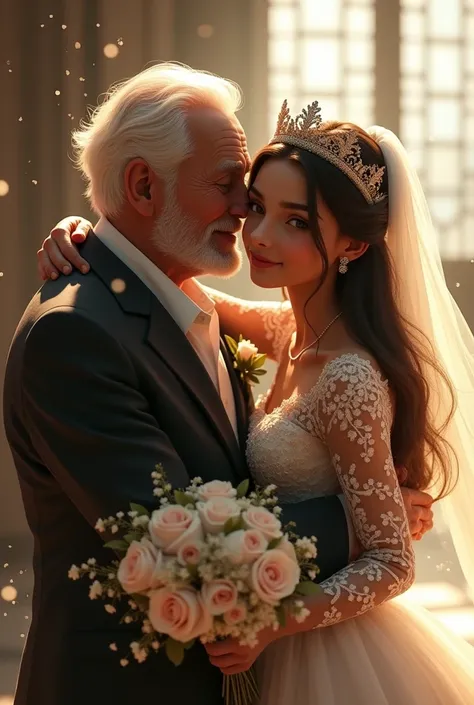 only 1 girl and 1 guy, old man Affectionate hug from behind girl, 80 year old old man, girl Very beautiful, beautiful eyes, make her sit, cute teenager, sweet, sun glare, Conservative clothing, Beaded wedding dress, bridal crown, bridal veil, bouquet, dept...