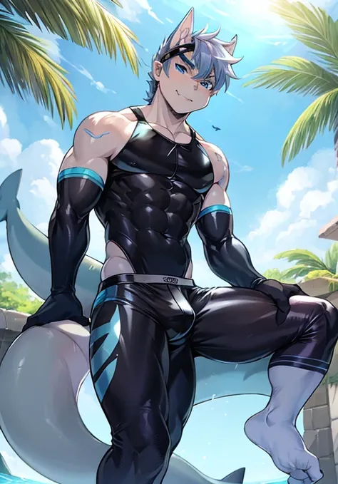 furry，Gray body，shark boy，crystal blue eyes，Mermaid tail，greyt hair，short detailed hair，summer day，Wear diving goggles，masculine features，squat，asshole，Bulge，Sexy latex swimsuit，stirrup，full body，((perineum))，Look up from the bottom，Bulge