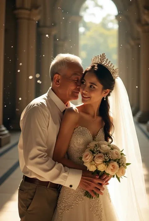 Beautiful asian southeast girl wedding with Old man, old man Affectionate hug from behind girl, 80 year old old man, girl Very beautiful, beautiful eyes, make her sit, cute teenager, sweet, sun glare, Conservative clothing, Beaded wedding dress, bridal cro...