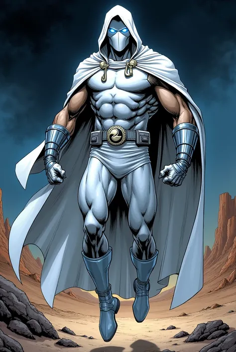 90s comics style. Moon Knight Full Body Portrait, a Marvel Comics superhero and vigilante, equipped with a sleek tactical suit that covers his entire body, combines a white and silver color scheme++. He wears a long, flowing white cloak with a hood.. The c...