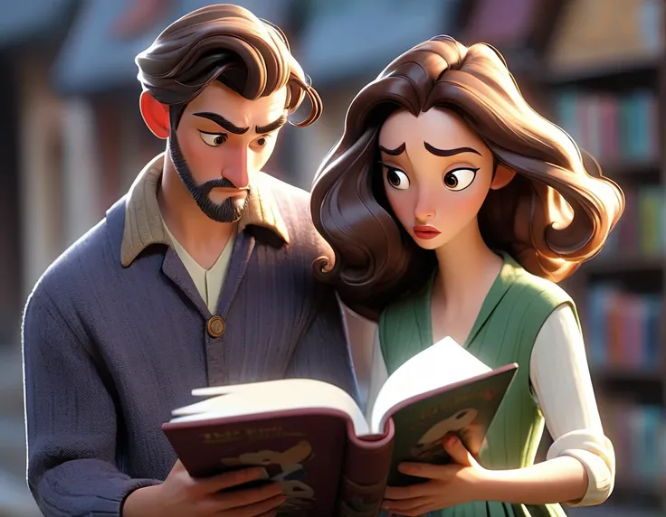 "An image depicting a man walking while reading a book. Meanwhile, a woman is hiding behind him, watching him with a look of romantic interest on her face. The man is unaware of her presence as he is engrossed in his book, while the woman secretly observes...