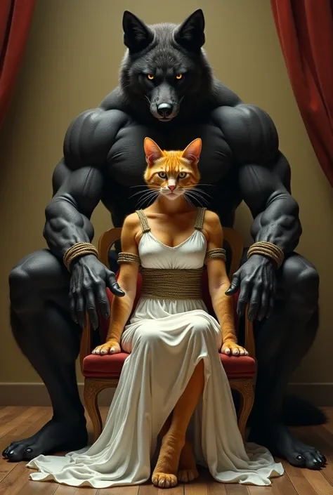  in a den  a orange female cat in human body wearing a short white gown tide with ropes on a chair and a black body builder fox in human body standing behind the chair 