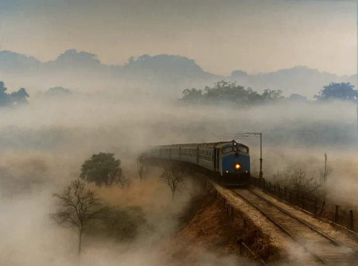 ### Caption: A train was captured speeding through the fog.、Beautiful paintings that remain in your heart。, Atmospheric landscape. The scene is pale, An almost ethereal light, Cast a soft shadow、Creates a sense of movement and depth. The background is a bl...