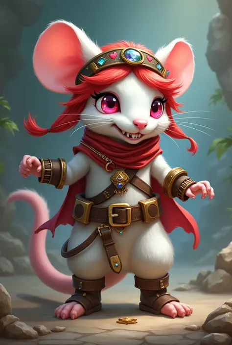 pantegan rpg character rogue class, white fur rat, pink eyes, small teeth, red hair with jewelry in her hair and a bandana on her head with boots 