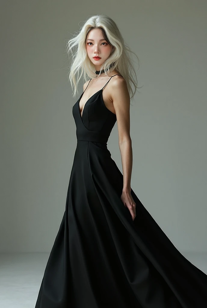 This model in white hair wearing black dress 