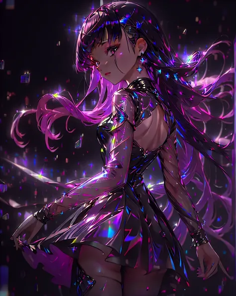 (((masterpiece))), (((best quality))), absurdres, ((ultradetailed)),1girl, solo, long purple hair, black transparent holographic...