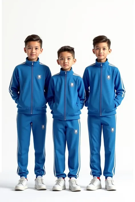 Create an image of 3 age 12 students wearing blue track suit.
Make the track suit with 1 white stripe not 3.
Make the boy hair cut clean.
Let them wear a white sport shoe
Make the background white 