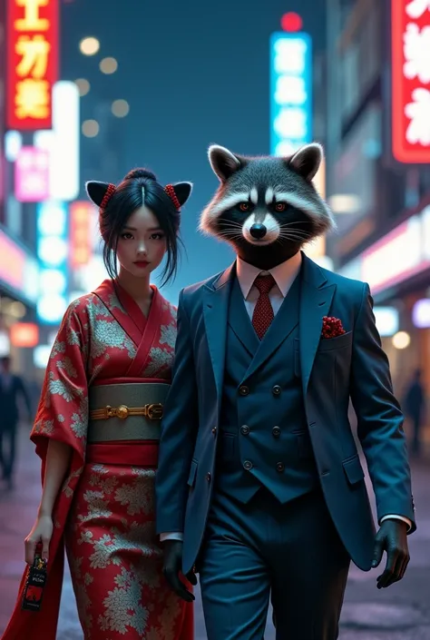 cyberpunk geisha girl in kimono and big grey raccoon in blue classic suit with tie with adventurous aggressive facial expression , walking down a very busy street. beautiful digital images, in cyberpunk city, beautiful eyes. The picture depicts a cyberpunk...