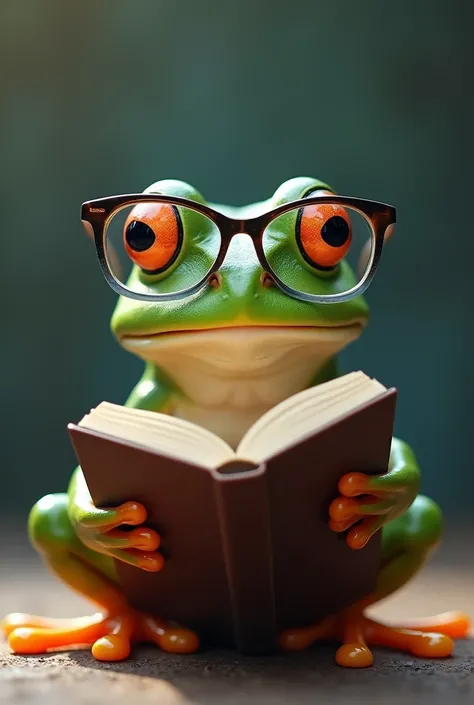 A frog reading book transparent glasses whering 