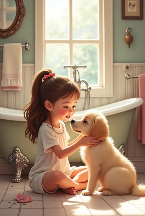 A dog in bathroom with a girl 