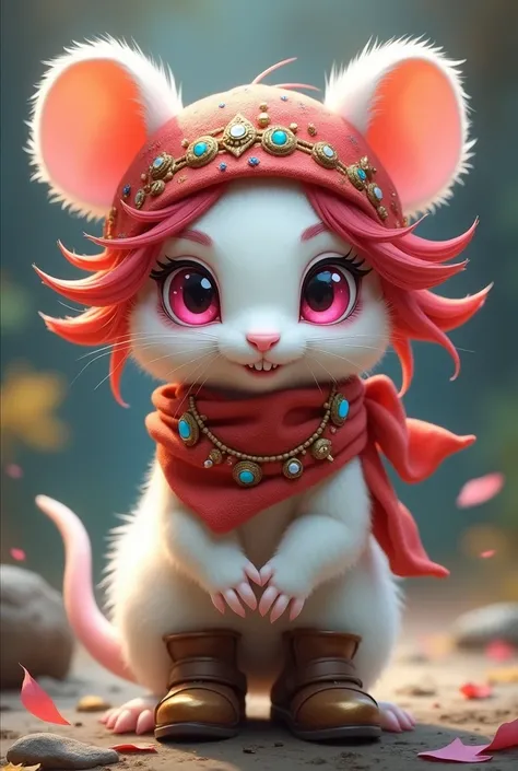 pantegan rpg character rogue class, white fur rat, pink eyes, cute teeth, red hair with jewelry in her hair and a bandana on her head with boots 