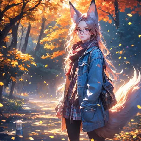 a girl with fox ears and tail, holding a paper coffee cup, wearing a red plaid shirt and blue jeans, standing in an autumn park with a white background, neon red ink rendering, video game art style black graphics, cell shading, canvas overlay, magical autu...