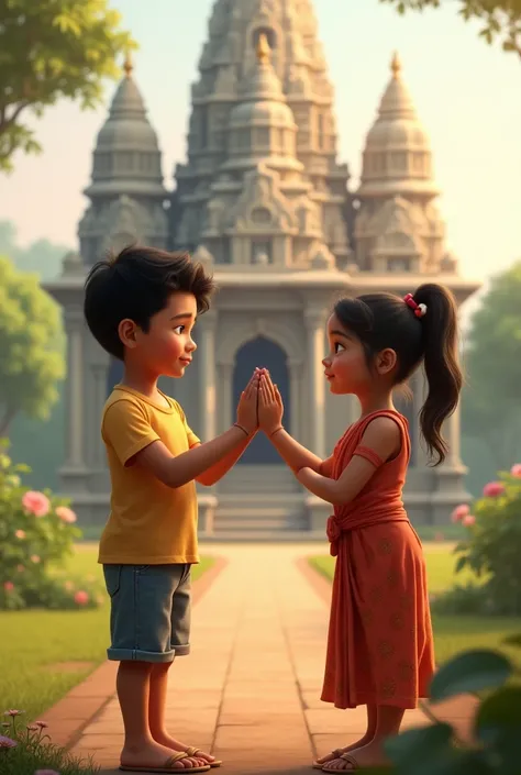 Boy and girl separate namaste to each other and background image is temple 