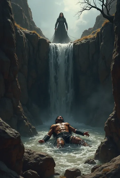 Maille&#39;s Final Destiny: A striking image that represents the outcome of the story, where Maille&#39;s remains are dragged into the ravine, with his mother, Nastasia, In the background, showing their pain and desperation.
