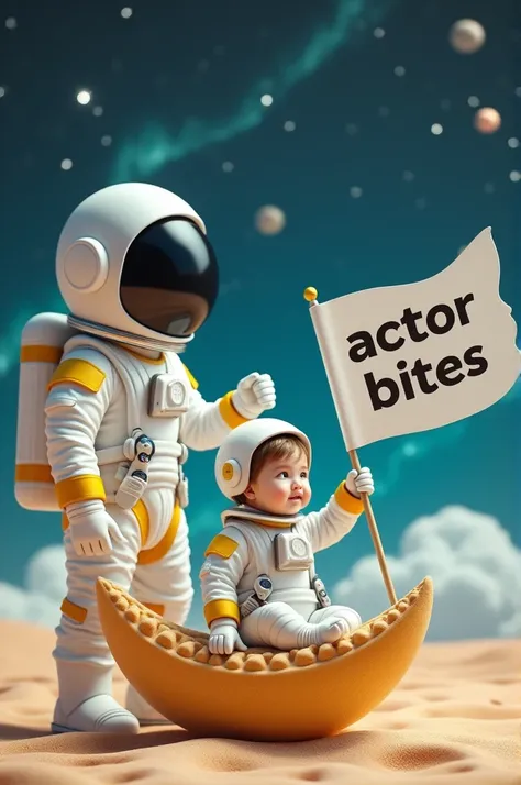 Astronaut with white clothes and yellow details, cute child with closed helmet holding a white flag with &quot;actor bites&quot; written on it in black and sitting on top of a half-moon shaped biscuit with a galaxy backdrop with several stars