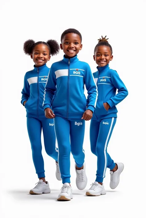 Create an image of 3 age 12 students wearing blue track suit.
Make the track suit with 1 white stripe not 3.
Make the boy hair cut clean.
Let them wear a white sport shoe
Make the background white 
Let the students be Ethiopians
Make it 2 girls and 1 boy
W...