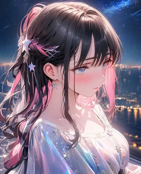 8k,Ephemeral beauty，Very delicate and beautiful,Beautiful and realistic skin,Shiny Hair,Black Hair、Long and colorful hair,Beautiful Eyes,Beautiful night sky、shy、white,Adult clothing、ＮＯhair accessory、 Hair half up、Star Pin、No earrings、Shy
